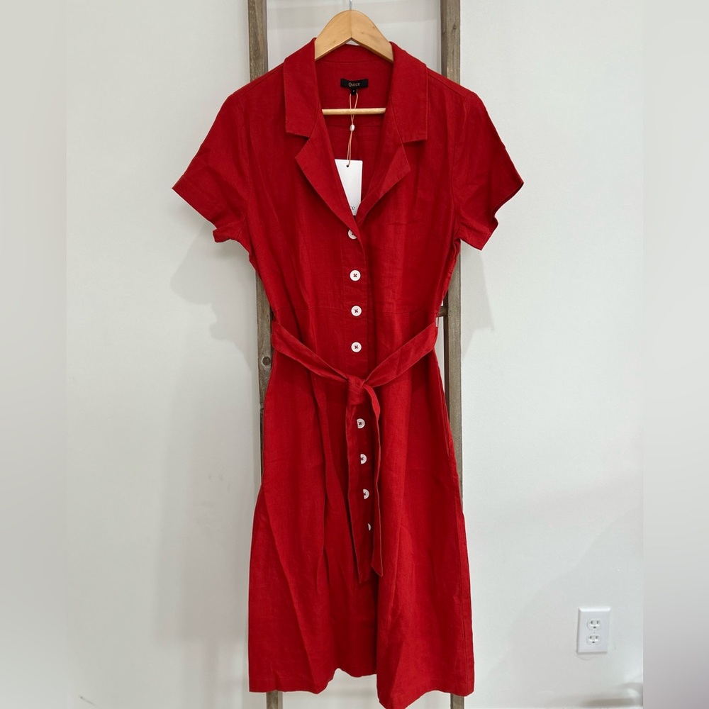 Quince Red Short-Sleeve Button Midi European Linen Dress with Belt